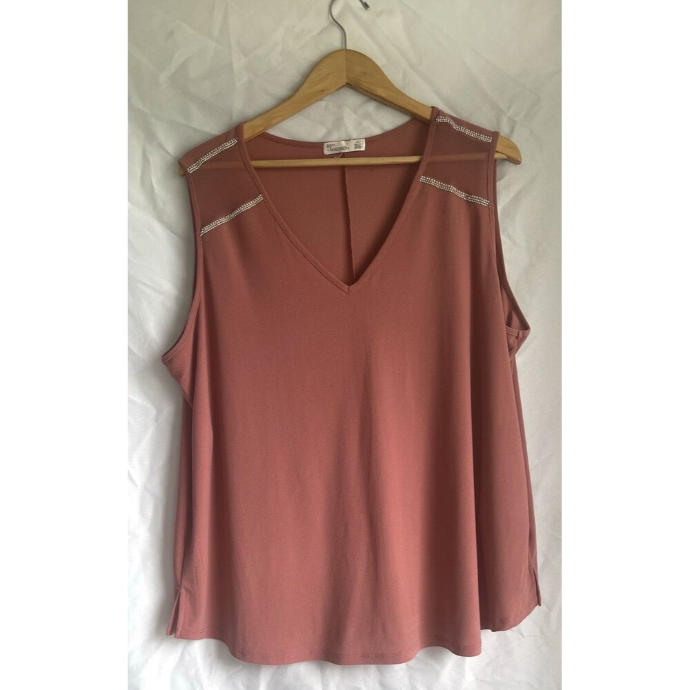 89th + Madison 2X Dusty Rose  Blue Button V-Neck  Blouse Sleeveless  Rhinestone